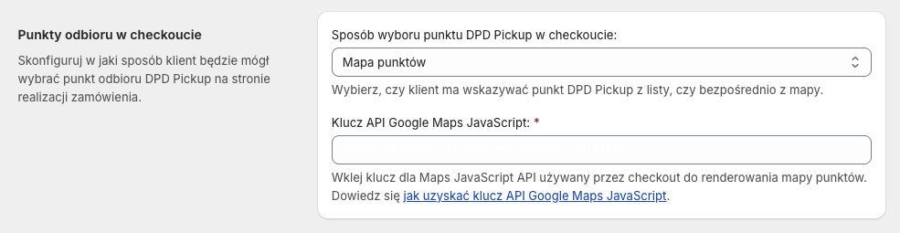 DPD Polska Shopify ustawienia wyświetlania punktów odbioru DPD w checkoucie - wybrana mapa punktów