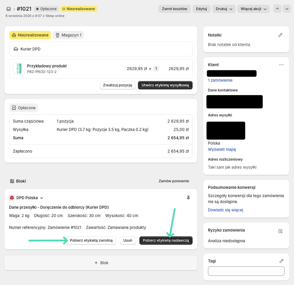 DPD Polska Shopify - Utworzona etykieta nadawcza i zwrotna DPD
