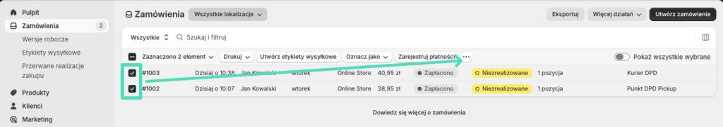 Shopify - Wybrane zamówienia