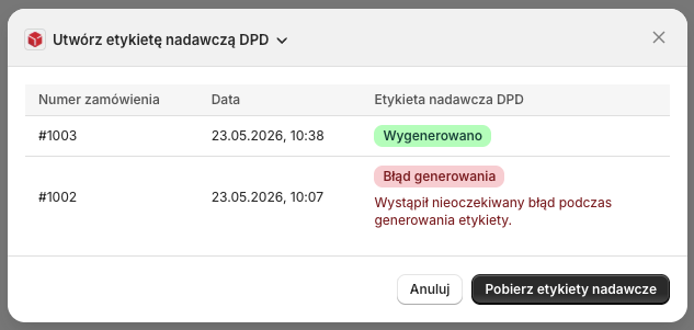 DPD Polska Shopify - Okno zbiorczego generowania etykiet nadawczych DPD: Błąd generowania
