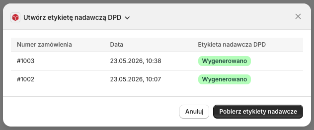 DPD Polska Shopify - Okno zbiorczego generowania etykiet nadawczych DPD: Etykiety wygenerowane