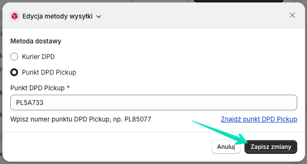 Okno zmiany metody dostawy DPD z wprowadzonymi dodatkowymi danymi