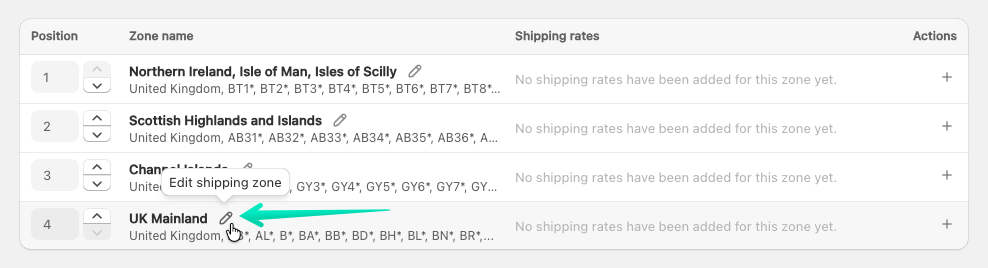 Shipping Rates Rules & Shipping Zones Shopify app: Edit shipping zone button
