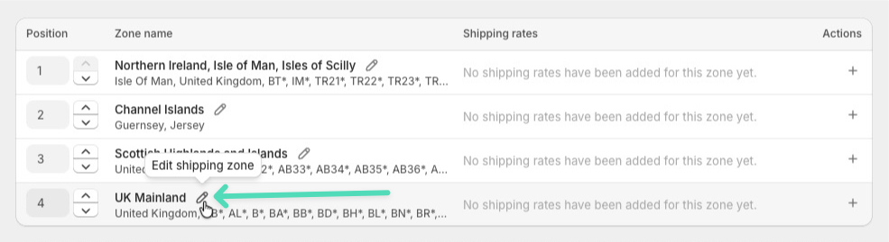 Shipping Rates Rules & Shipping Zones Shopify app: Edit shipping zone button