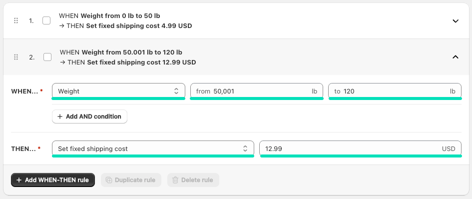 Shipping Rates Rules & Shipping Zones Shopify app: Editing shipping cost calculation rule
