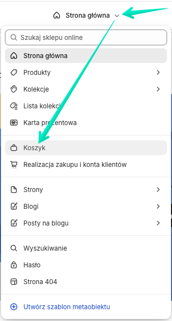 Edytor szablonów Shopify: Szablon strony Koszyk