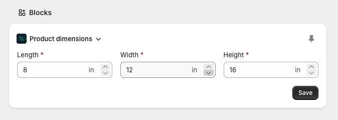 Entering product dimensions on the Shopify product details page