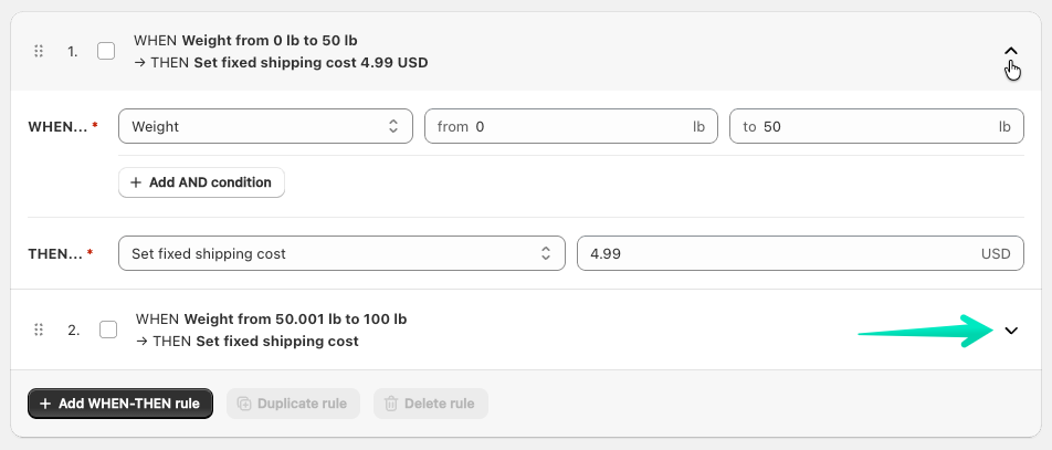 Expand / Collapse shipping rule's configuration fields