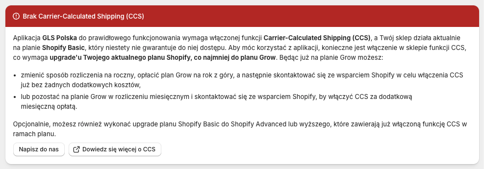 Gls Polska Brak Ccs Na Planie Shopify Basic