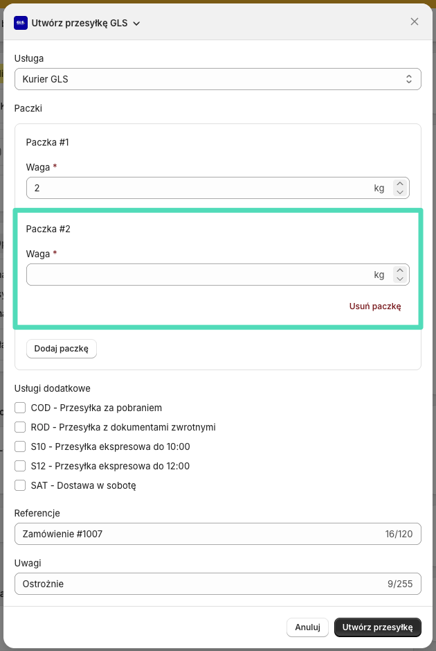 GLS Polska Shopify - Dodana dodatkowa paczka do przesyłki GLS