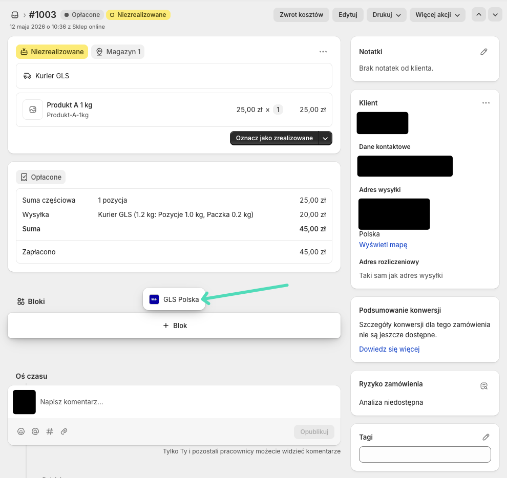 Dodawanie bloku GLS Polska do ekranu szczegółów zamówienia Shopify