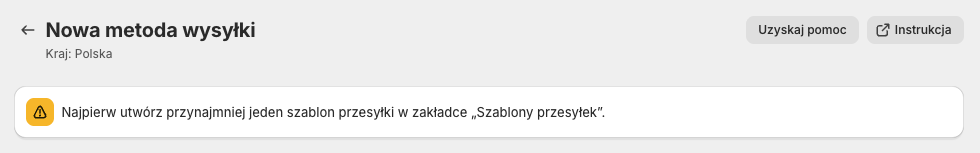 GLS Polska Shopify - Ostrzeżenie o braku utworzonych szablonów przesyłek
