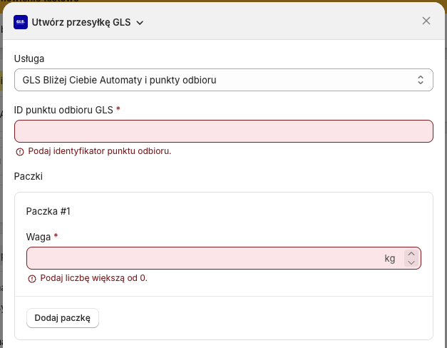 GLS Shopify Polska - Błąd przy tworzeniu przesyłki