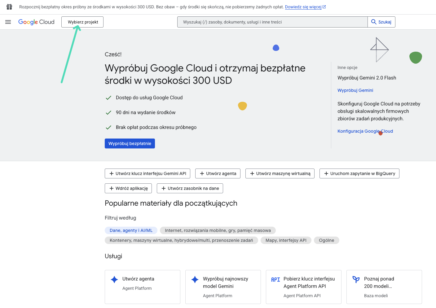 Konsola Google Cloud: Przycisk Wybierz projekt