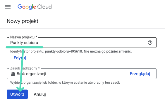 Tworzenie nowego projektu Google Cloud