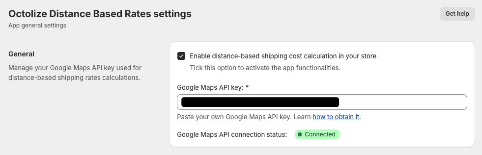 Octolize Distance Based Rates Shopify app: Google Maps API connection status: Connected