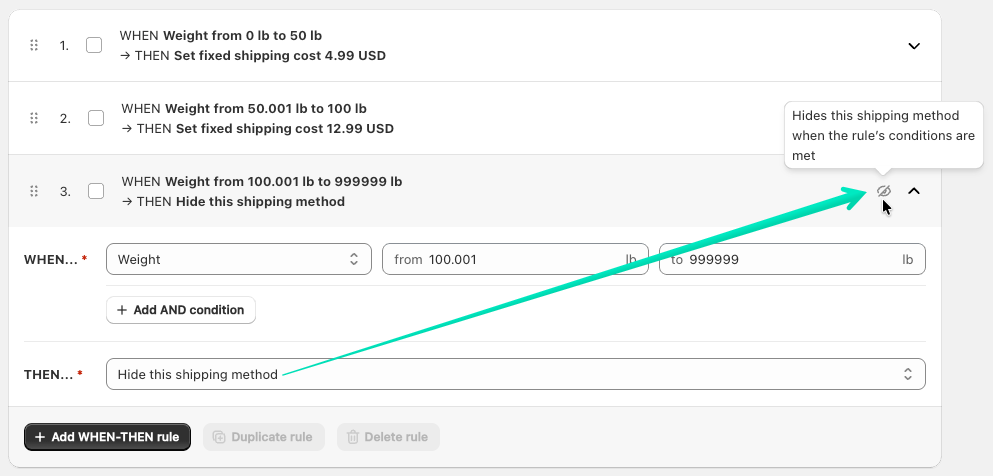 'Hide this shipping method' rule label icon