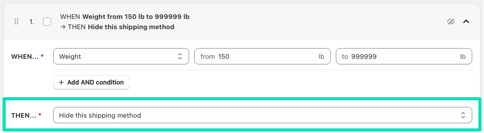 Hide shipping method above certain order weight at Shopify