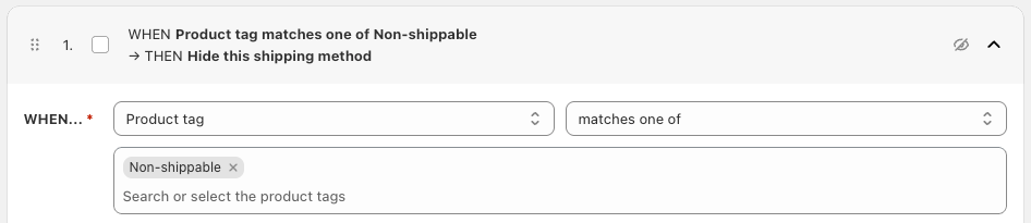 Hiding shipping method based on product tag at Shopify