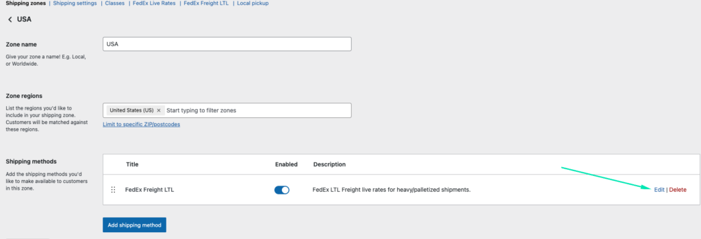 Edit FedEx Freight LTL shipping method