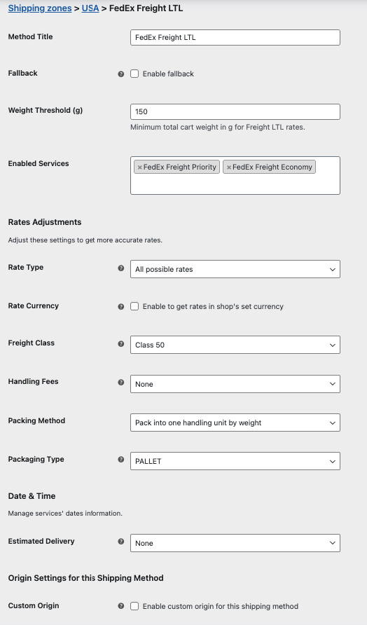 FedEx Freight LTL shipping method configuration