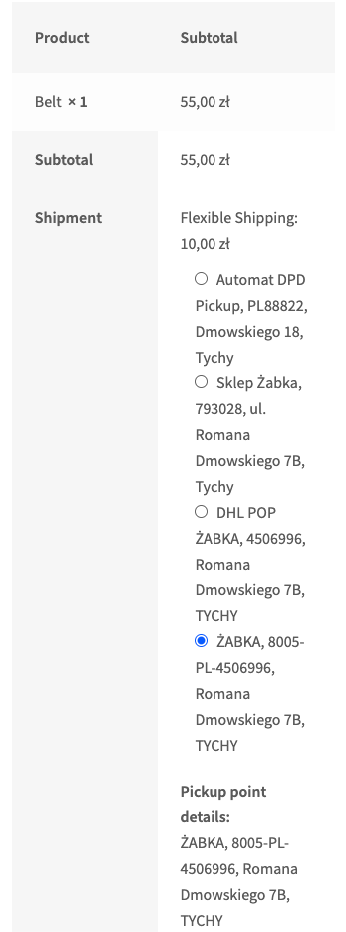 Pickup points under the shipping method