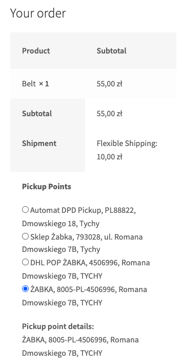 Pickup points below all the shipping methods