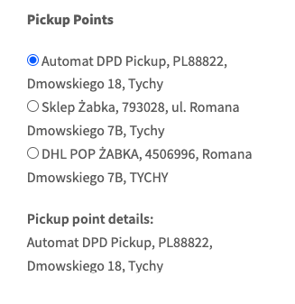 Nearest pickup points' list