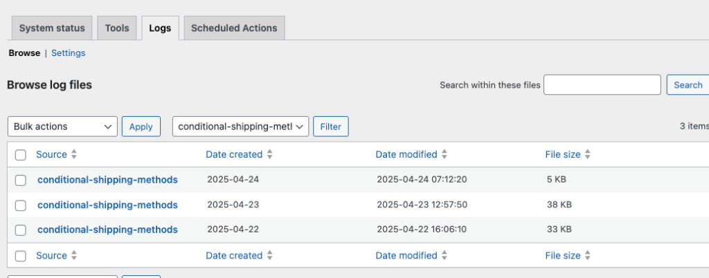 Conditional shipping methods logs