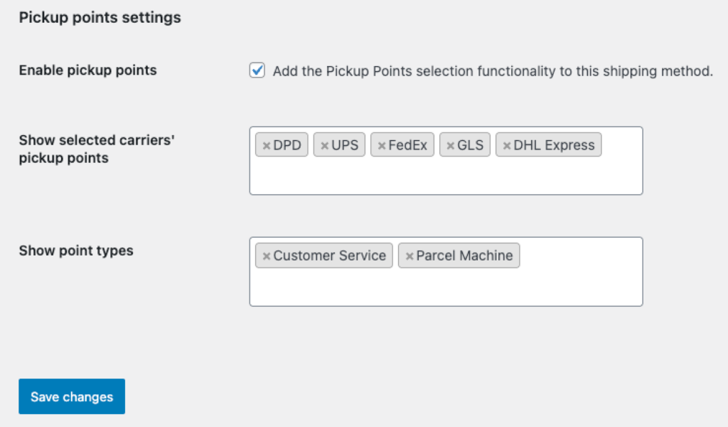 Pickup Point method settings