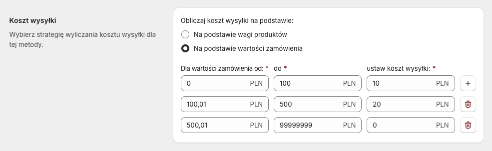 Koszt wysyłki: Reguły cenowe
