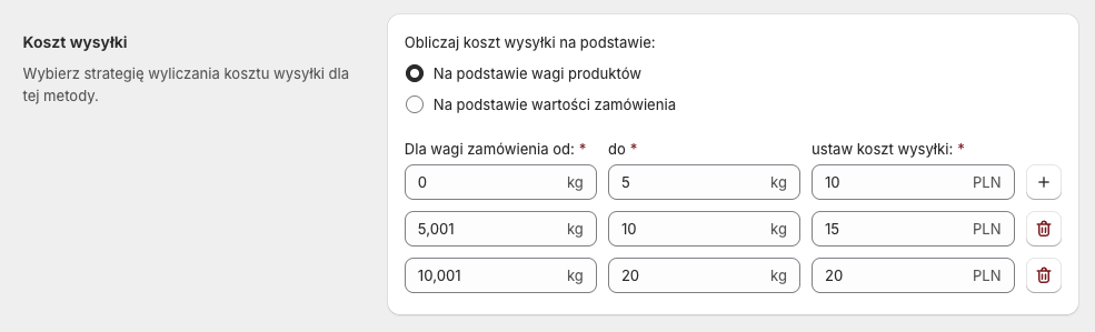 Koszt wysyłki: Reguły wagowe