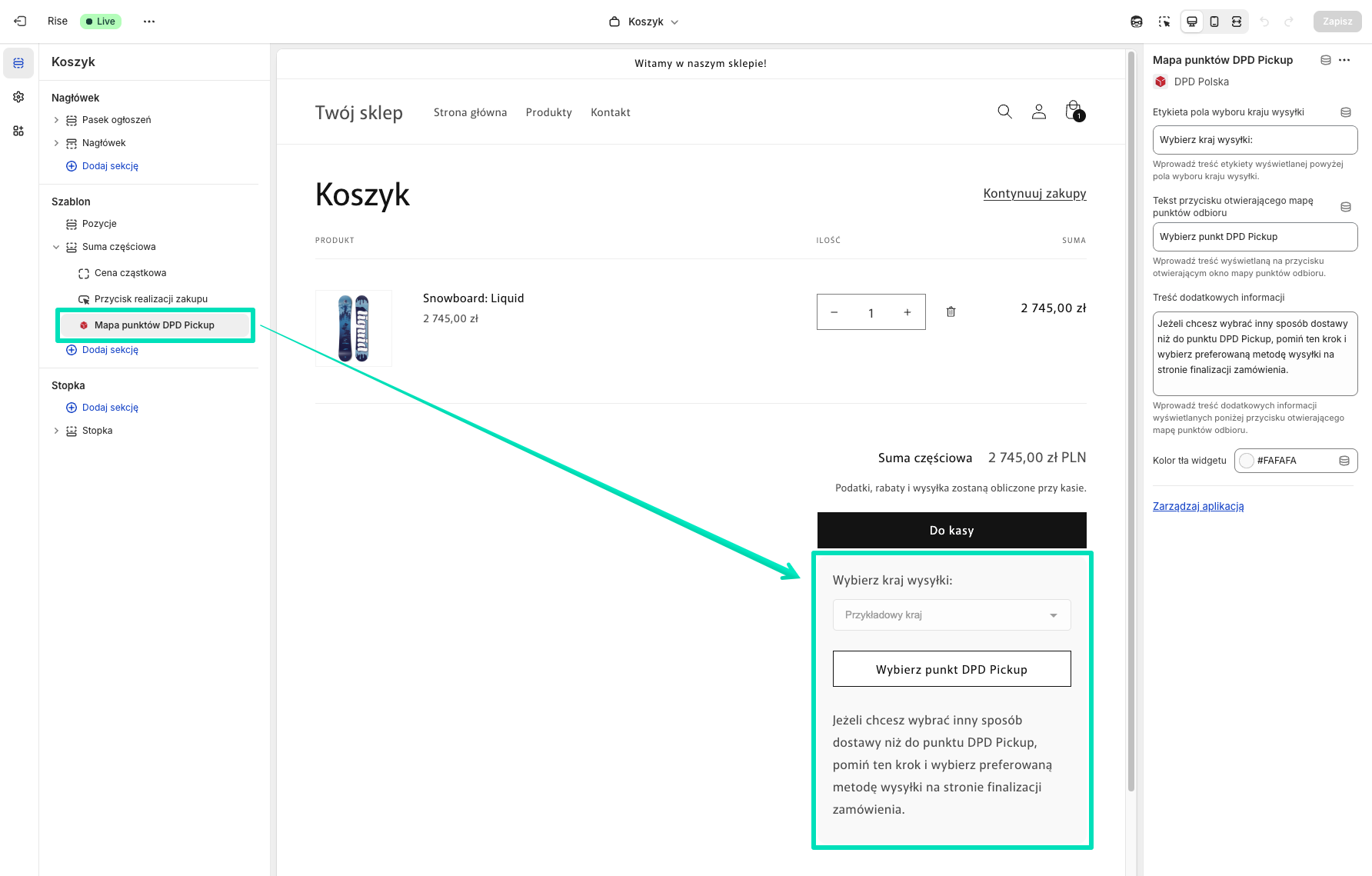 Edytor szablonów Shopify: Dodany blok mapy punktów DPD Pickup
