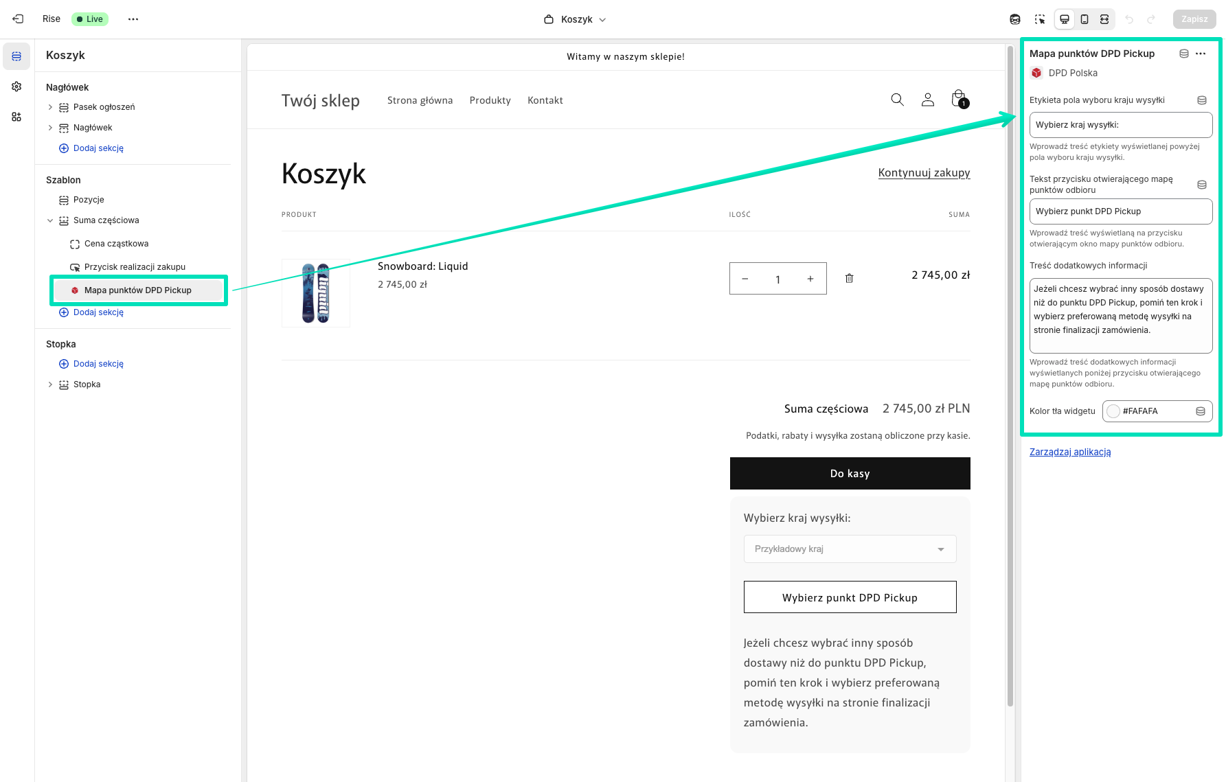 Edytor szablonów Shopify: Ustawienia bloku mapy punktów DPD Pickup