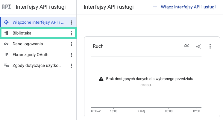 Menu Interfejsy API i usługi: Biblioteka