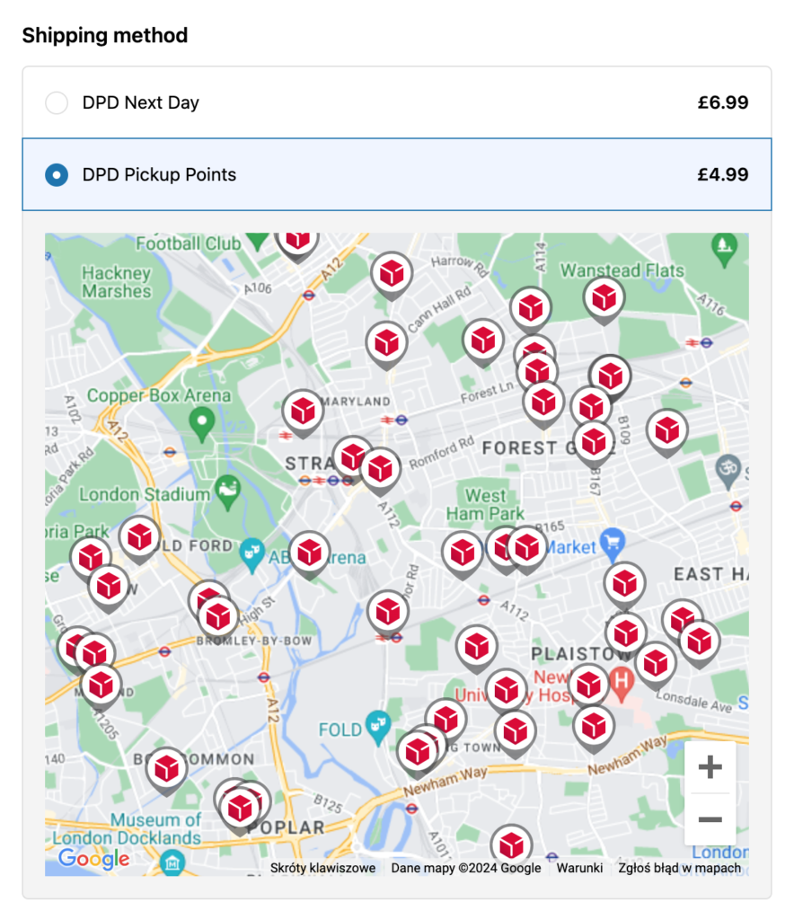 Pickup points map at the checkout on Shopify Plus