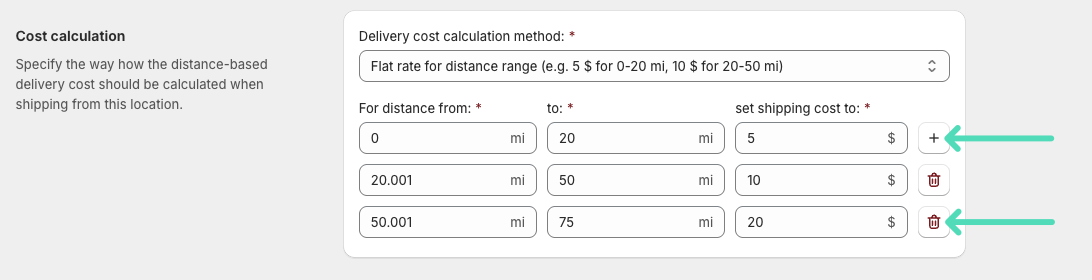 Octolize Distance-Based Rates Shopify App: Adding and deleting distance ranges