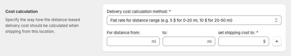 Octolize Distance-Based Rates Shopify app settings: Cost calculation