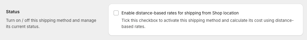 Octolize Distance-Based Rates Shopify app settings: Status