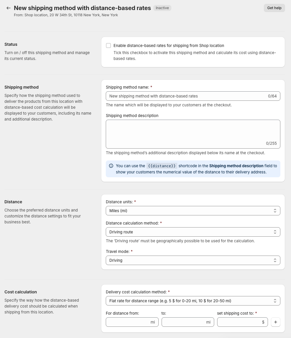 Octolize Distance-Based Rates Shopify App: Distance-based rate configuration screen