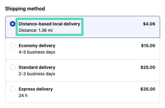 Distance-based rates displayed at Shopify checkout