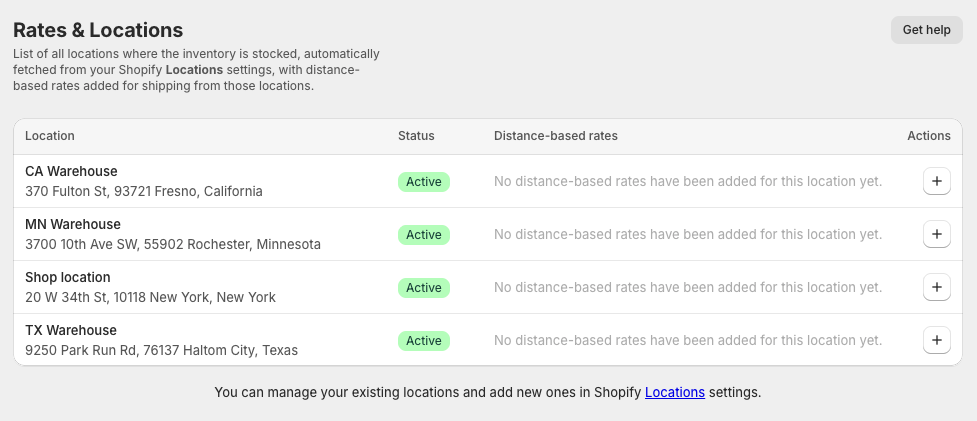 Octolize Distance Based Rates Shopify app: Rates & Locations screen