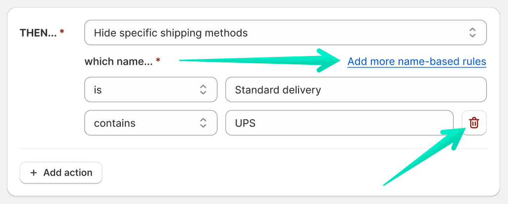 Octolize Hide & Sort Shipping - Add / delete name-based rules