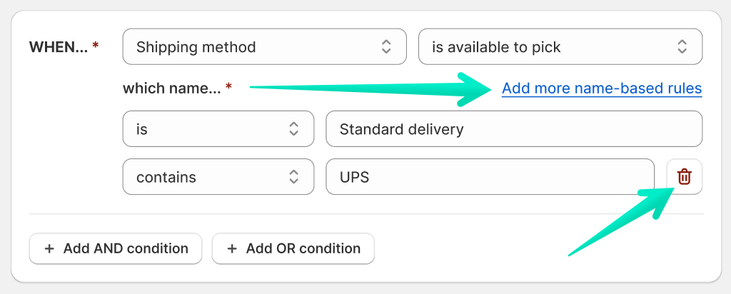 Octolize Hide & Sort Shipping - Add / delete name-based rules