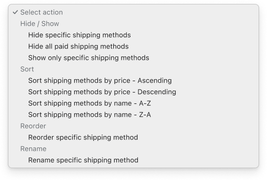 Octolize Hide & Sort Shipping Shopify app - Actions