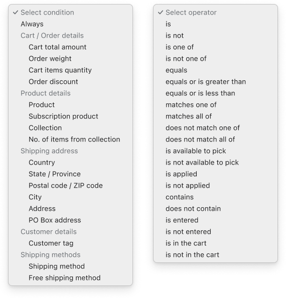 Octolize Hide & Sort Shipping Shopify app - Conditions and operators