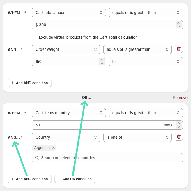 Octolize Hide & Sort Shipping - Combining conditions using AND and OR