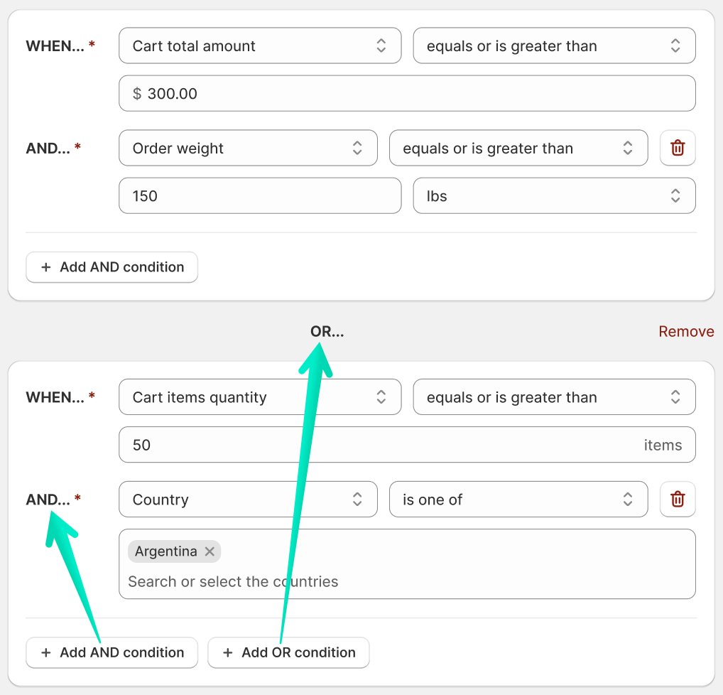 Octolize Hide & Sort Shipping - Combining conditions using AND and OR