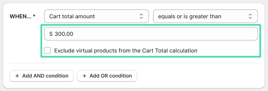 Octolize Hide & Sort Shipping - Cart total amount condition's value field