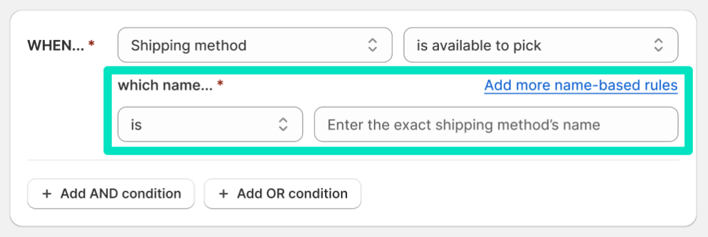 Octolize Hide & Sort Shipping - Shipping method condition's method name fields